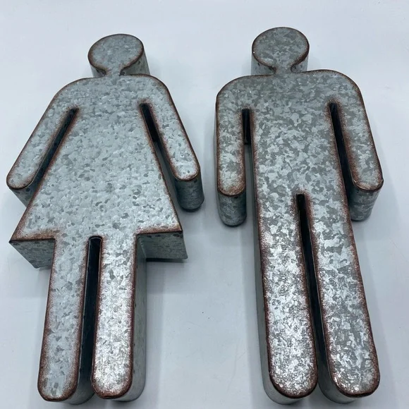 Ladies Bathroom Sign Markers Galvanized Metal Women Men Sculpture 3D Figures - Picture 2 of 6